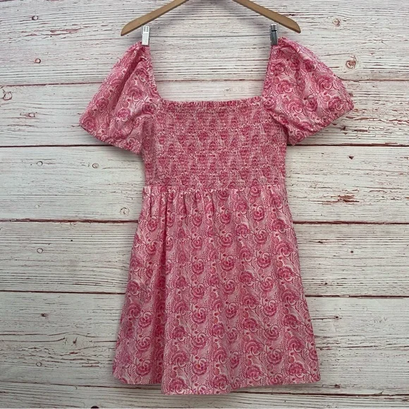 J Crew Puff Sleeve Smocked Mini Dress in Dandelion Swirl Pink/White Sz M - Picture 4 of 14